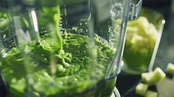 A blender filled with bright green liquid made up of spinach avocado and pineapple ready to be poured into individual glasses photo