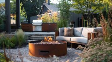 A bold fire pit with its rusted steel finish adds an industrial edge to this modern outdoor oasis. 2d flat cartoon photo