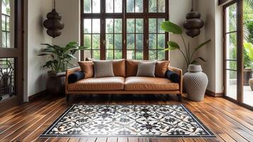 An eyecatching transition between traditional hardwood and sleek black and white patterned tiles creating a bold and modern statement in the room photo