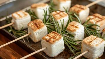 Marshmallows skewered on long rosemary sticks giving a subtle herb flavor to the gooey dessert photo