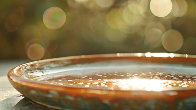 An image of a ceramic platter with a copper luster rim achieved through the process of applying a metallic glaze and firing it in a reduction atmosphere. photo