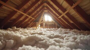 Insulation being installed in the attic ensuring a comfortable and energyefficient home during both the freezing cold and scorching hot seasons photo