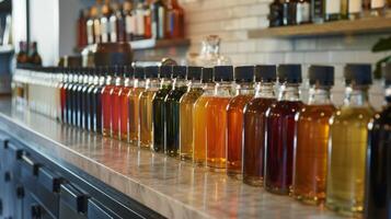 Bottles of various syrups and flad extracts line a countertop adding an array of flavors to the available mixology options photo