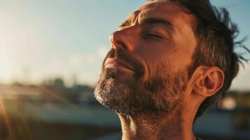 A man of average build practicing yoga on a rooftop his face expressing pure relaxation and selfcare photo
