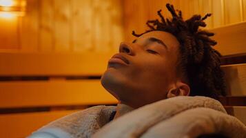 A person sitting on a sauna bench their eyes closed and a towel around their neck enjoying the heat. photo