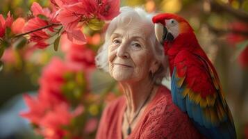 un mayor mujer se sienta en su patio interior jardín disfrutando el tranquilidad de naturaleza como su amado loro perchas en su hombro sus vibrante colores mezcla en con el floreciendo foto