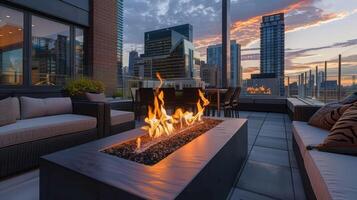 A stylish rooftop patio boasting an integrated fire feature that adds a touch of drama and warmth to the urban setting. 2d flat cartoon photo