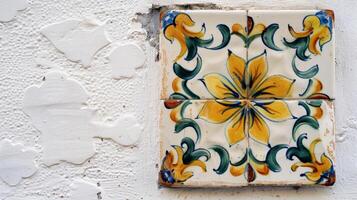 A traditional Spanish style ceramic tile with a handpainted floral design displayed on a whitewashed wall. photo