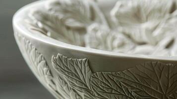 A series of ceramic bowls with deep relief carvings that mimic the texture and patterns of natural foliage and flowers. photo