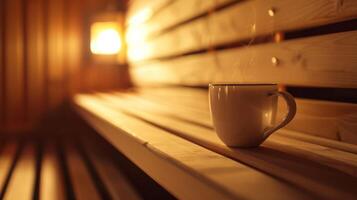 Empty cup of herbal tea sitting on a shelf in the sauna signaling a moment of peaceful solitude for the drinker. photo