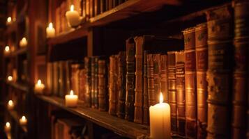 The walls are lined with vintage bookcases each shelf adorned with a glowing candle to guide the way. 2d flat cartoon photo