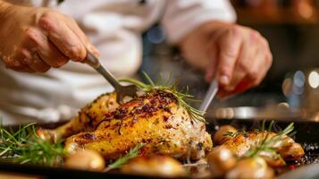 de cerca de un cocineros manos expertamente hilván un marinado pollo con un delicado orgánico Coco petróleo foto