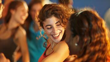 un grupo de amigos riendo y disfrutando cada otros empresa como ellos tratar su mano a paso bailando siguiendo el dirigir de un experto instructor foto