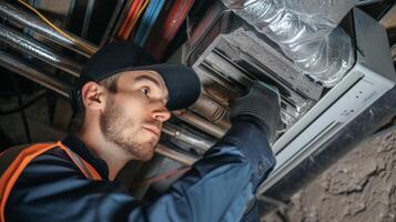 un experto técnico cuidadosamente inspeccionando y reparando un mal funcionamiento aire conducto asegurando apropiado aire fluir y distribución a lo largo de el hogar foto