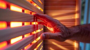 un de cerca imagen de un profesional Atletas mano alcanzando fuera a ajustar el temperatura ajustes en un infrarrojo sauna panel. foto