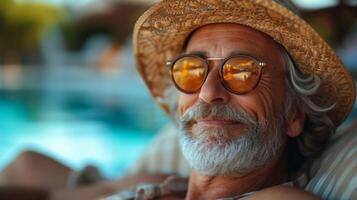 un grupo de retirado amigos descansando por el piscina chateando animadamente acerca de su libro clubs último recoger remojo arriba el Dom y literario perspectivas foto