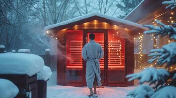 A person wrapped in a cozy robe stepping out of their infrared sauna and breathing in the crisp refreshing winter air. The contrast of the hot sauna and cold air adds to the invigorating photo