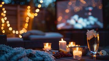un romántico noche debajo el estrellas disfrutando un película por el calentar resplandor de velas y un rugido fuego. 2d plano dibujos animados foto
