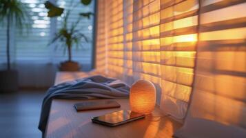 A closeup of smart cellular shades being controlled via a phone app making it easy and convenient to adjust the level of insulation and energy efficiency in a room photo