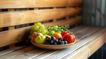 A plate of fresh fruits and vegetables sitting on a bench next to a sauna showcasing the nutritional benefits of a healthy diet on digestion. photo