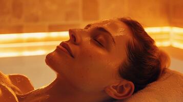 A woman in a sauna her face relaxed and stressfree as she takes advantage of the antiaging benefits for a refreshed youthful appearance. photo