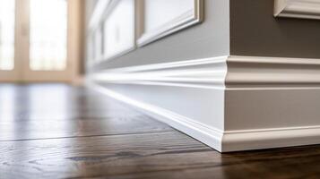 The satisfying sight of a perfectly and installed baseboard highlighting the intricate finishing work of a living room renovation photo