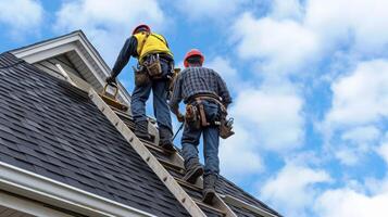 Two roofers climb up a ladder carrying tools and supplies as they prepare to tackle a challenging roof repair job on a multistory house photo