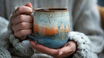 A persons hand holding a ceramic mug feeling the weight and texture of the glaze. photo