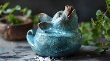 A unique salt pig container sculpted from clay and glazed with a bright blue hue designed to easily dispense salt while cooking. photo