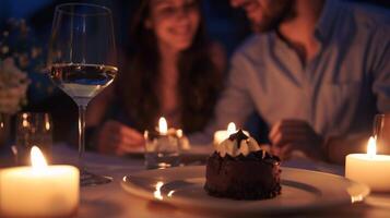 un Pareja sentado a un alumbrado por velas cena mesa saboreando un decadente vegano chocolate mousse postre foto