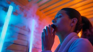 un persona utilizando un Mano inhalador mientras dentro un infrarrojo sauna recepción el beneficios de ambos tradicional y moderno ods para tratando respiratorio asuntos. foto