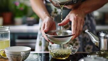 A woman using a strainer to filter out the herbs from a freshly brewed infusion before pouring it into a teacup photo