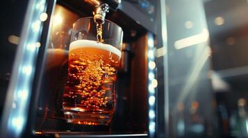 un vaso de Rico tono dorado cerveza siendo vertido desde un personalizado grifo adjunto a un futurista alta tecnología kegerador foto