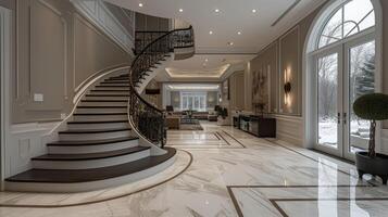 An elegant staircase with intricate skirting boards running along the edges adding a touch of sophistication to the space and tying together the design elements of the home photo