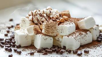 A pile of assorted flad marshmallows including vanilla bean espresso and salted caramel waiting to be toasted and added to the smores photo