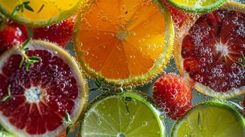 Colorful fruit slices and herbs adorn glasses of sparkling clear water making for a refreshing summer treat photo