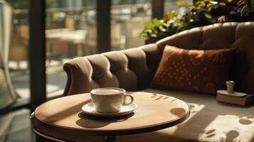 el aroma de un recién elaborada taza de prima café llena el aire como usted sentar en un felpa acolchado banco tomando en el sereno atmósfera de tu té y café esquina foto