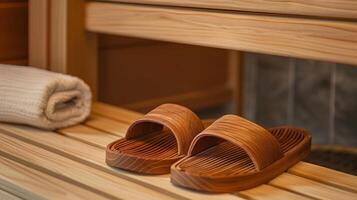 A set of highquality wooden slippers designed to provide protection and grip on the hot sauna floor. photo