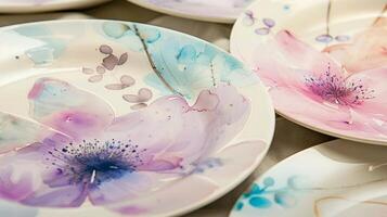 A set of ceramic plates painted with delicate watercolor designs created using the wetonwet technique. photo