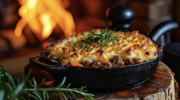 A deliciously comforting dish of fireside shepherds pie b with tender bites of meat and vegetables infused with the smoky warmth of a roaring fire photo