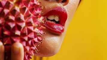 A persons mouth puckered in a slight frown after tasting a unique but not quite enjoyable flavor of an exotic fruit photo