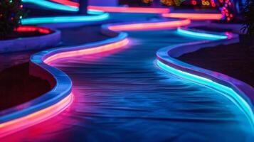 A mini golf course is set up with neon lights illuminating the course and adding to the fun atmosphere photo