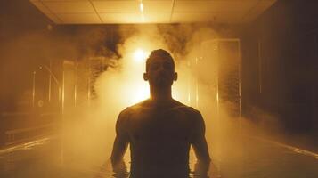 vapor sube apagado el piel de un persona como ellos surgir desde el sauna su cuerpo brillante con calor. foto