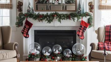 A fireplace mantel adorned with holly garlands hanging stockings and a collection of DIY snow globes adding a touch of magic to the winter decor photo