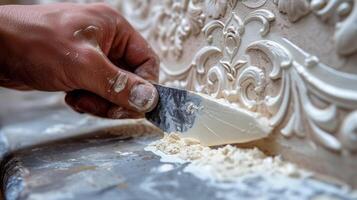 A side view of a hand meticulously t the edges of wallpaper with a sharp blade for a clean finish photo