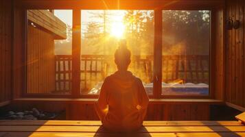 luz de sol torrencial en mediante el sauna ventana esclarecedor un persona en un estado de completar relajación y atención plena como ellos meditar en el calor. foto