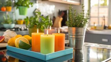 The fresh scent of citrus and herbs fills the air emanating from the colorful array of candles displayed on a modern tray in the kitchen. 2d flat cartoon photo