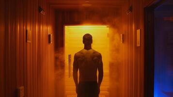 pisar fuera de el sauna el persona siente refrescado rejuvenecido y Listo a cara lo que sea retos mayo ven su forma. foto