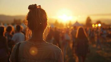 A beautiful sunset over the festival grounds as attendees sway and sing along to a soulful acoustic performance photo