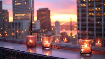 The panoramic city views from this candlelit rooftop bar are simply breathtaking a feast for the eyes and senses. 2d flat cartoon photo